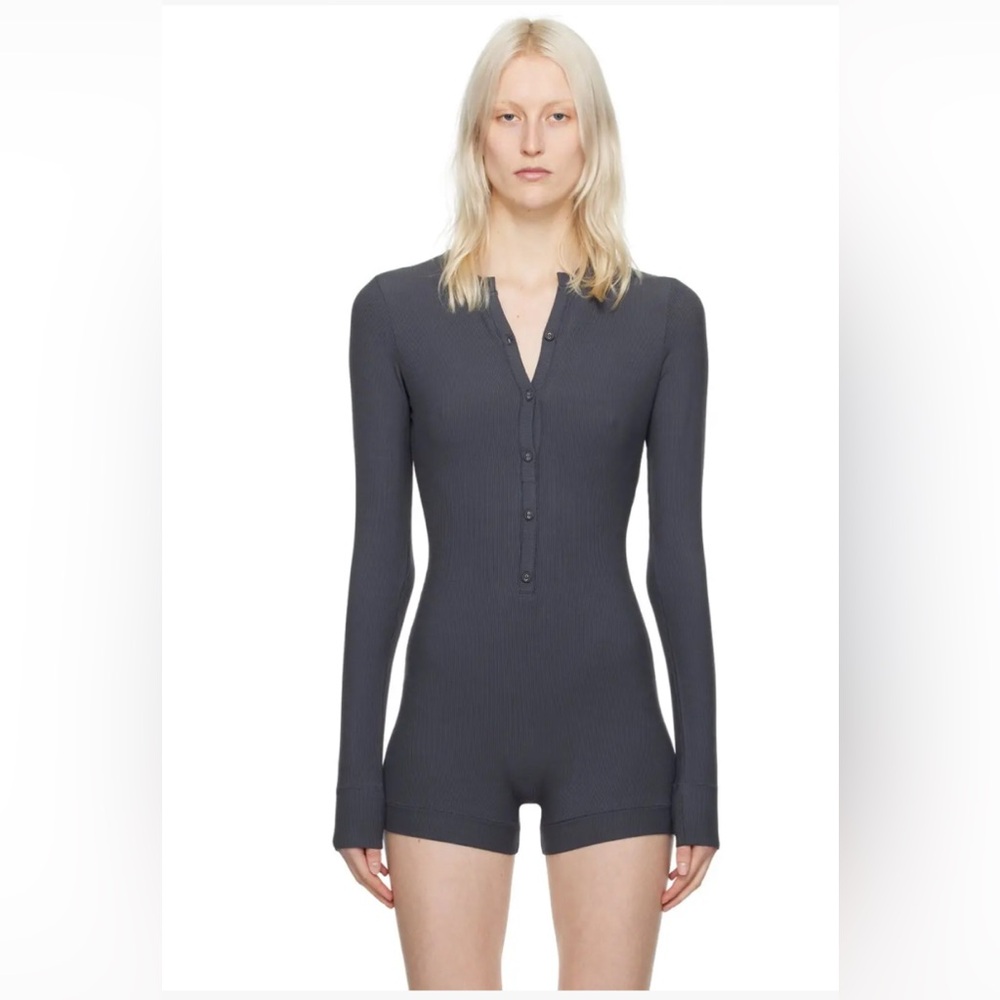 NWT SKIMS Soft Lounge Button Up Henley Jumpsuit • graphite• small